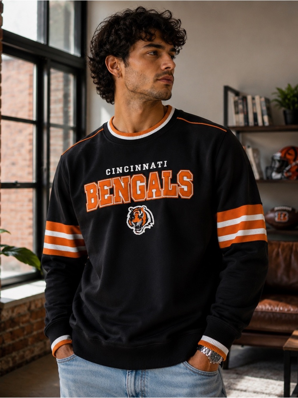 Vintage Lee Cincinnati Bengals Crewneck Sweatshirt Medium Black Orange Striped